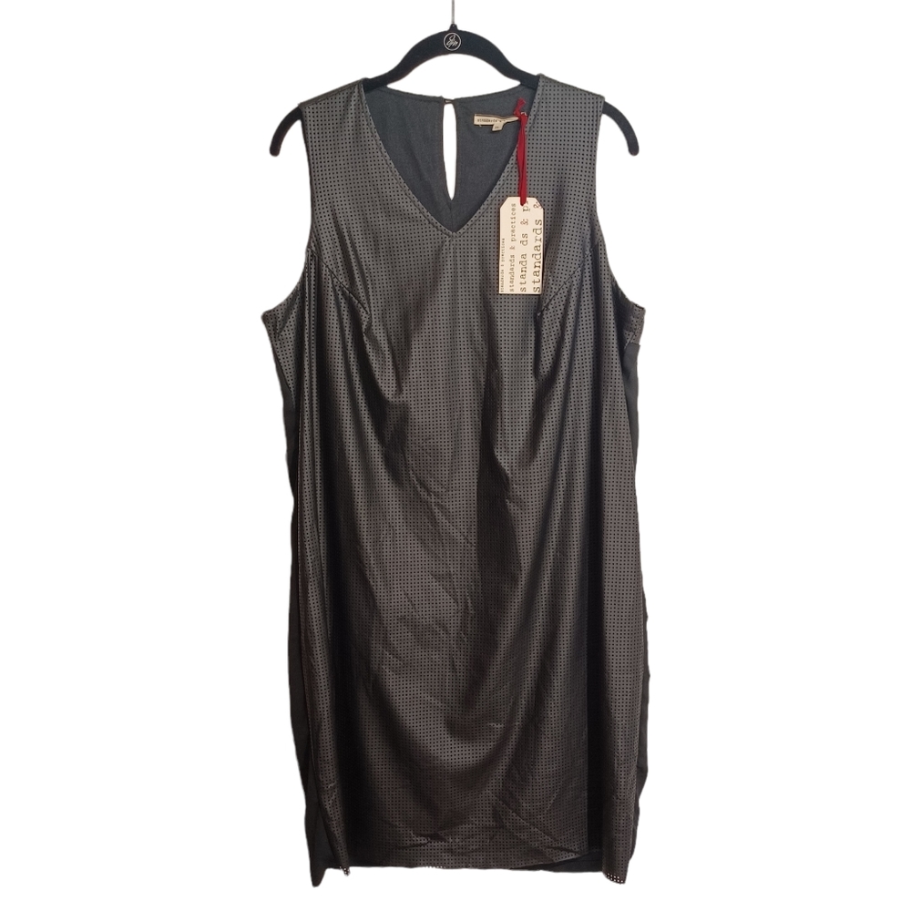 STANDARDS & PRACTICES Faux Leather Perforated Polka Dot Sleeveless Shift Dress